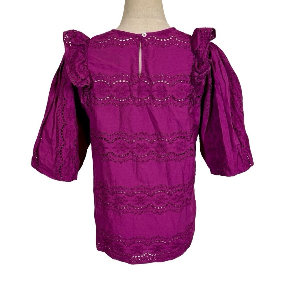 Sezane Elsa Blouse Eyelet Embroidered Ruffled Openwork in Purple Violet sz36/US4 - Picture 2 of 13